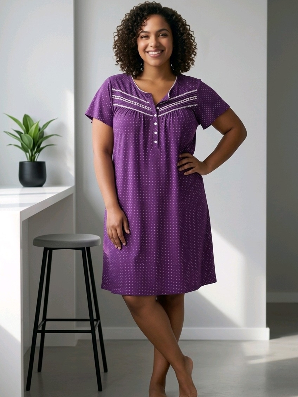 Celestial Dreams Purple Nightgown w/White Polka Dot Pattern 2X EUC